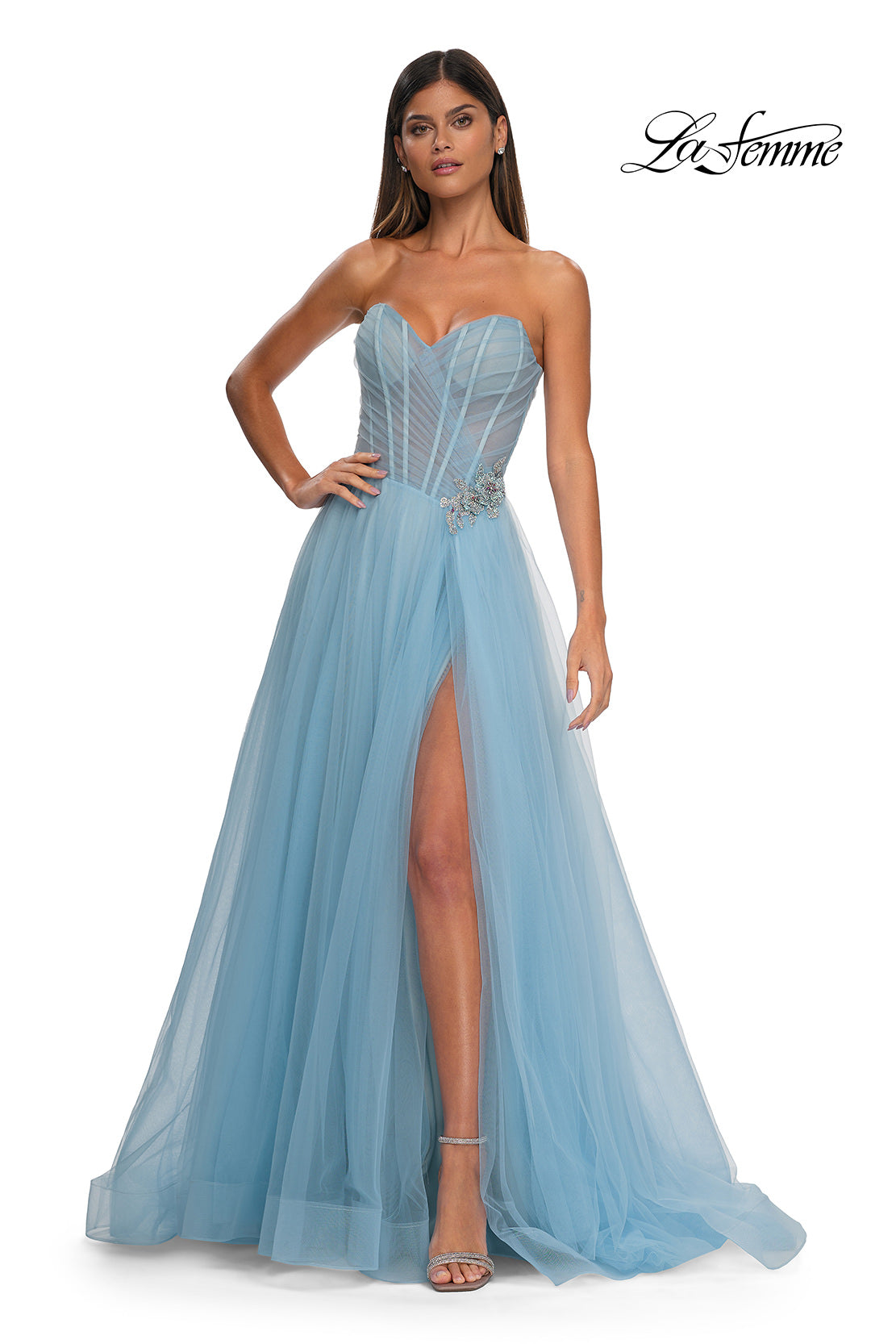 Picture of: Strapless A-line Tulle Dress with Floral Waist Detail in Cloud Blue, Style: 32789, Detail Picture 11