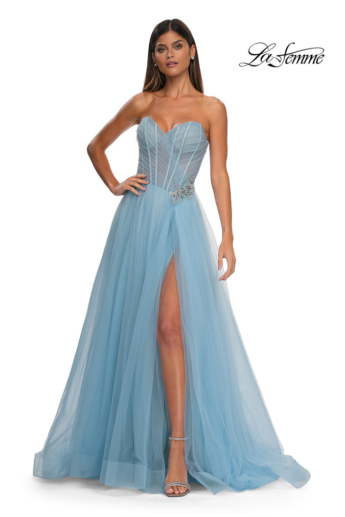 Picture of: Strapless A-line Tulle Dress with Floral Waist Detail in Cloud Blue, Style: 32789, Detail Picture 11