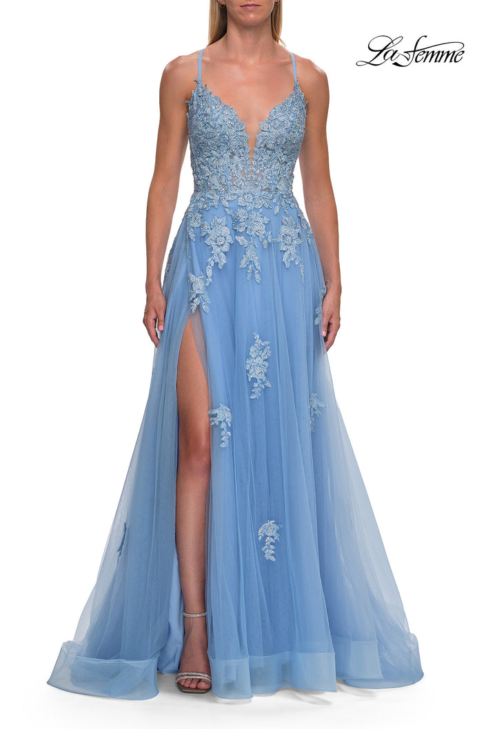 Picture of: Floral Beaded Tulle Gown with Slit and Lace-Up Back in Cloud Blue, Style: 33716, Detail Picture 11