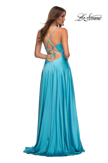 Picture of: Bright Satin Gown with Criss-Cross Ruched Top in Cloud Blue, Style: 30662, Detail Picture 12