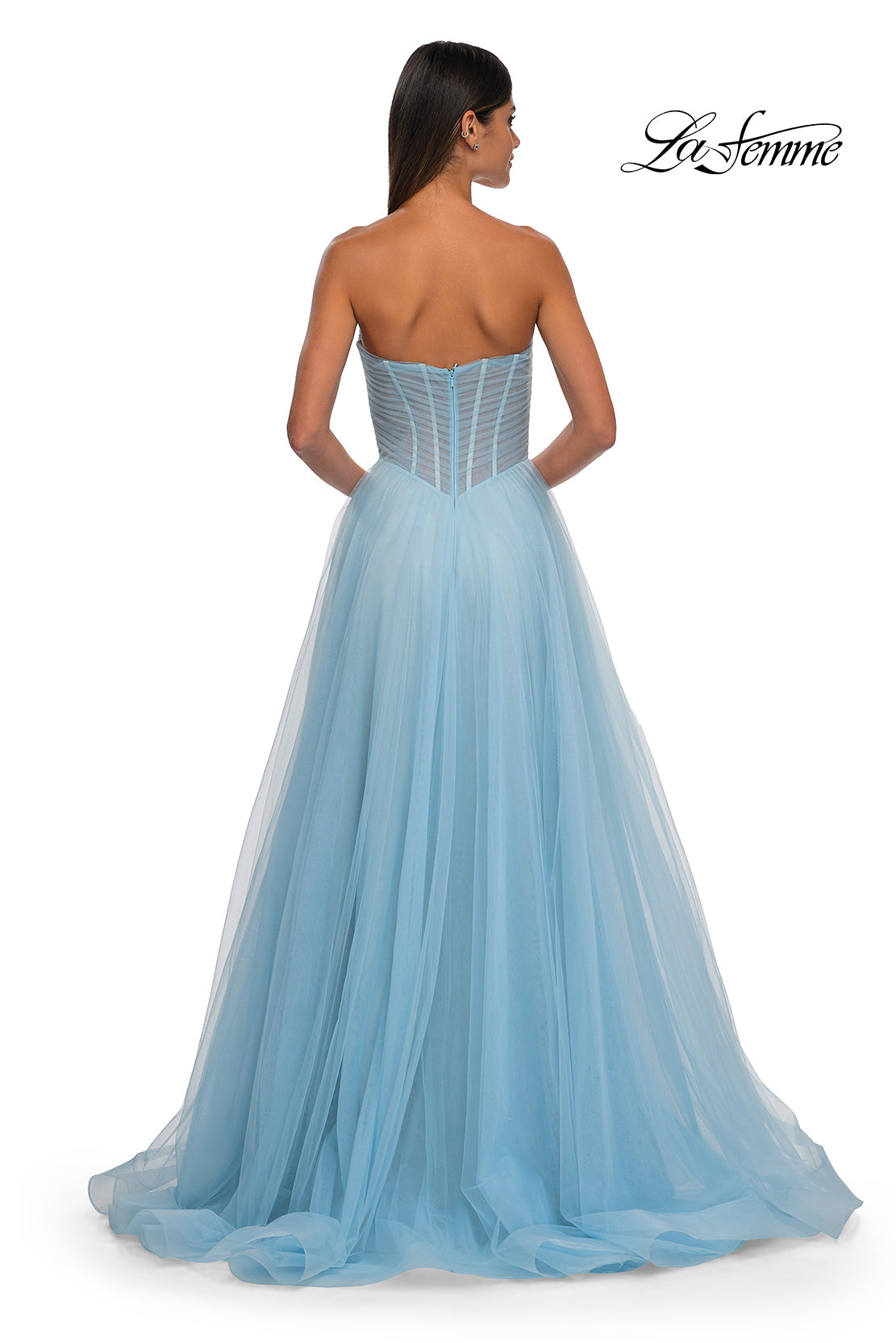Picture of: Strapless A-line Tulle Dress with Floral Waist Detail in Cloud Blue, Style: 32789, Detail Picture 12