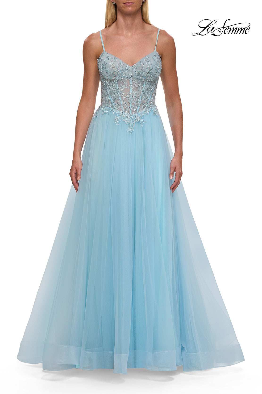 Picture of: Lace Corset Tulle Gown with High Slit and A-Line Skirt in Cloud Blue, Style: 33436, Detail Picture 12