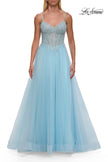 Picture of: Lace Corset Tulle Gown with High Slit and A-Line Skirt in Cloud Blue, Style: 33436, Detail Picture 12