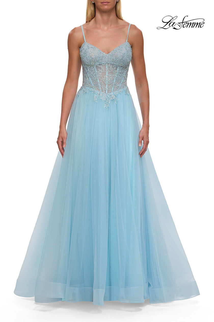 Picture of: Lace Corset Tulle Gown with High Slit and A-Line Skirt in Cloud Blue, Style: 33436, Detail Picture 12