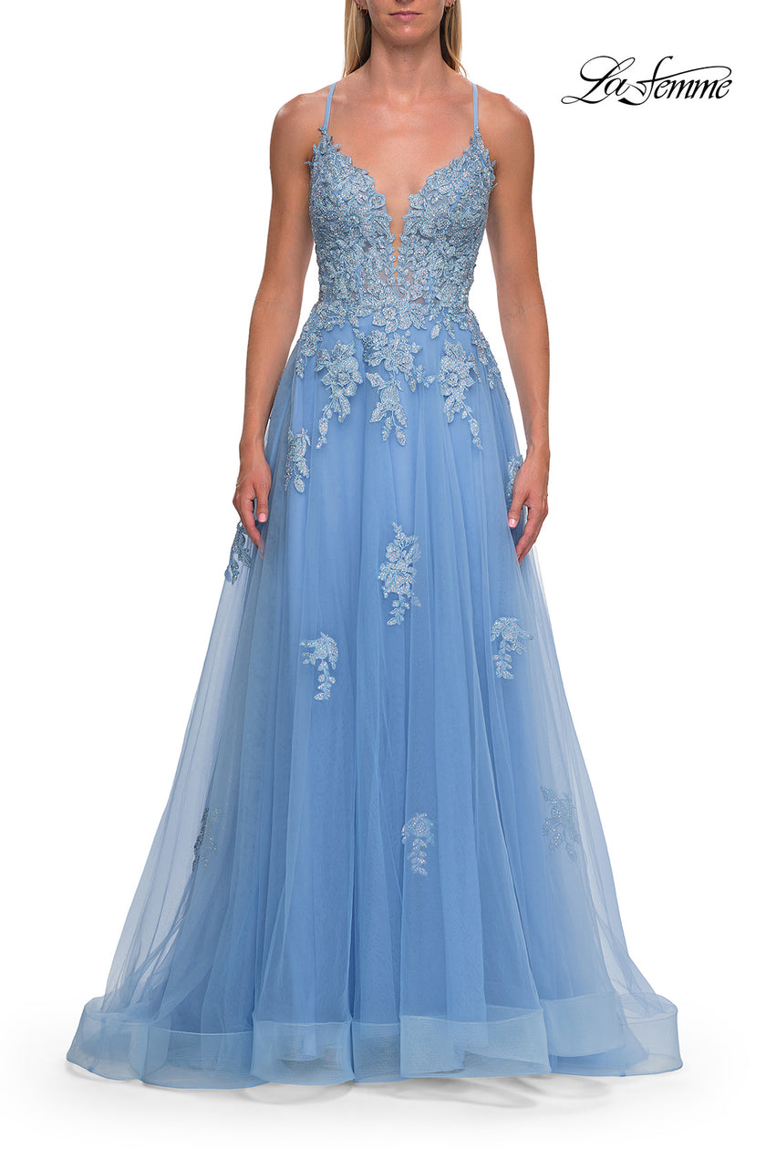 Picture of: Floral Beaded Tulle Gown with Slit and Lace-Up Back in Cloud Blue, Style: 33716, Detail Picture 13