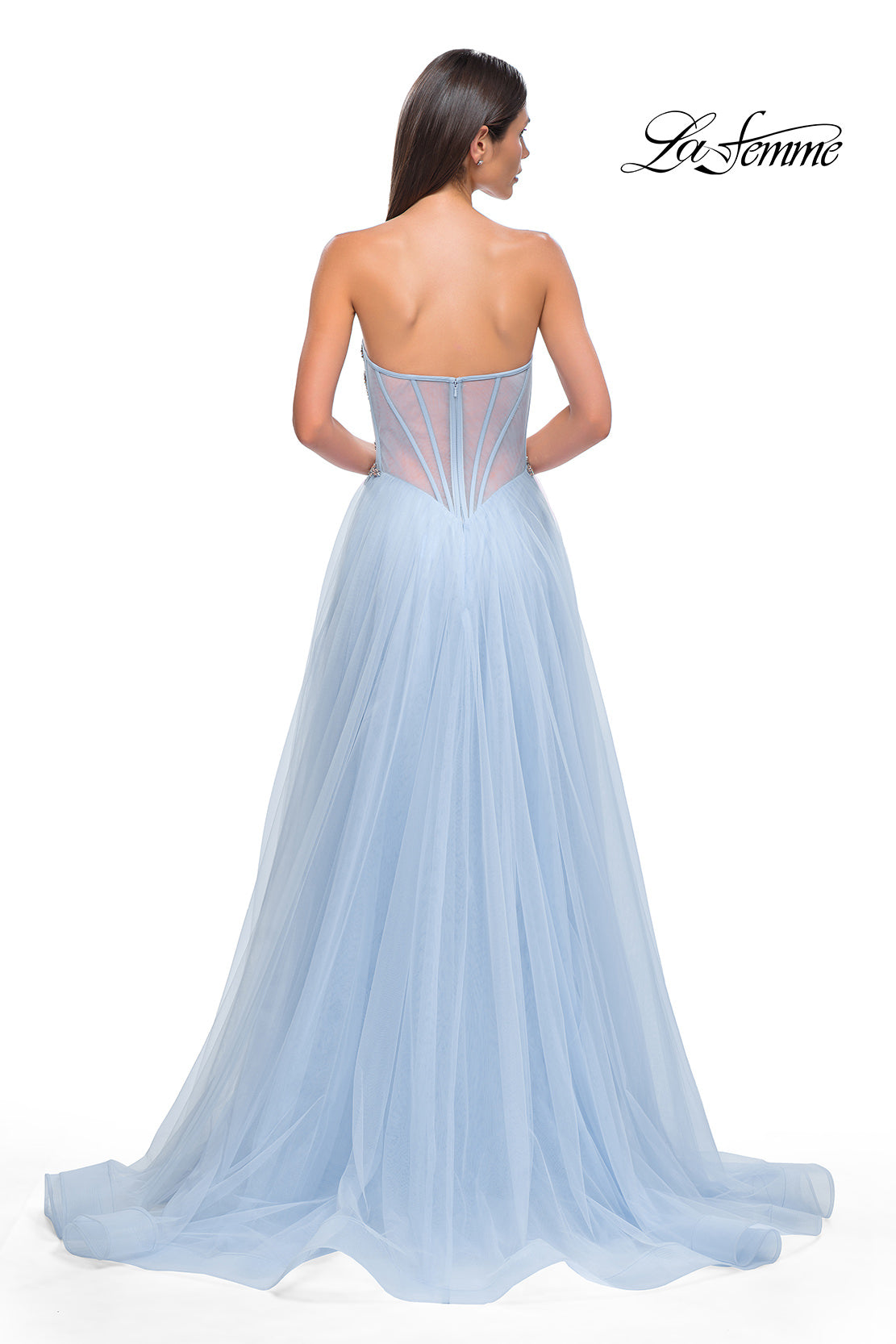 Picture of: Tulle A-line Prom Dress with Beautiful Rhinestone Side Detail in Cloud Blue, Style 32767, Detail Picture 14