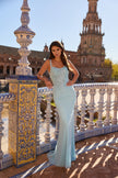 Picture of: Rhinestones Lace Fitted Gown with Scoop Neck and Low Back in Cloud Blue, Style: 33721, Detail Picture 15