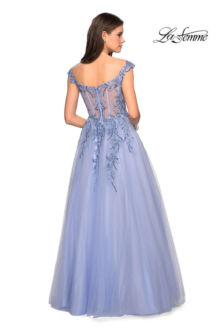 Picture of: Off the Shoulder Tulle Gown with BEaded Embellishments in Cloud Blue, Style: 27595, Back Picture