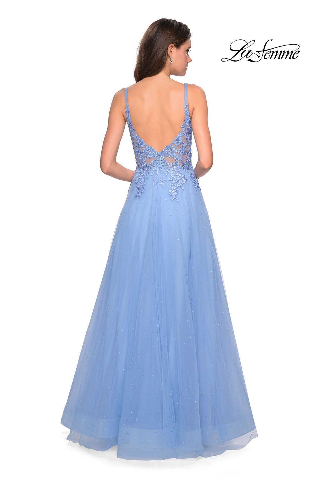 Picture of: Long Tulle Prom Dress with Embellished Bodice and Slit in Cloud Blue, Style: 27646, Back Picture