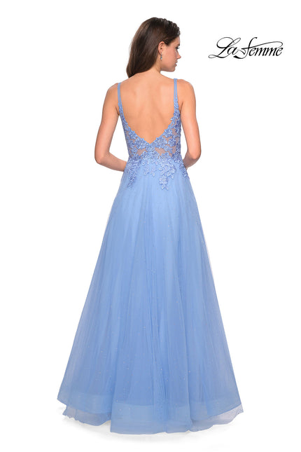 Picture of: Long Tulle Prom Dress with Embellished Bodice and Slit in Cloud Blue, Style: 27646, Back Picture