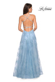 Picture of: Lace Prom Dress with Floral Detail and Side Leg Slit in Cloud Blue, Style: 27704, Back Picture