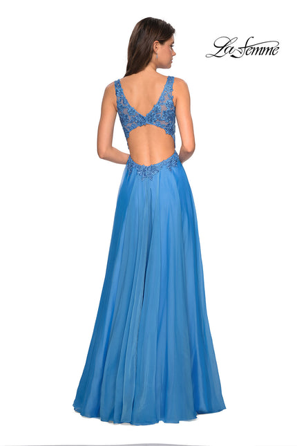 Picture of: Floor Length Chiffon Prom Dress with Sheer Floral Bodice in Cloud Blue, Style: 27751, Back Picture