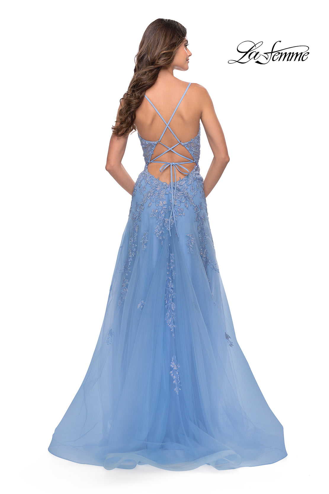 Picture of: A-Line Tulle Prom Dress with Lace Applique Sheer Bodice in Cloud Blue, Style: 31284, Back Picture