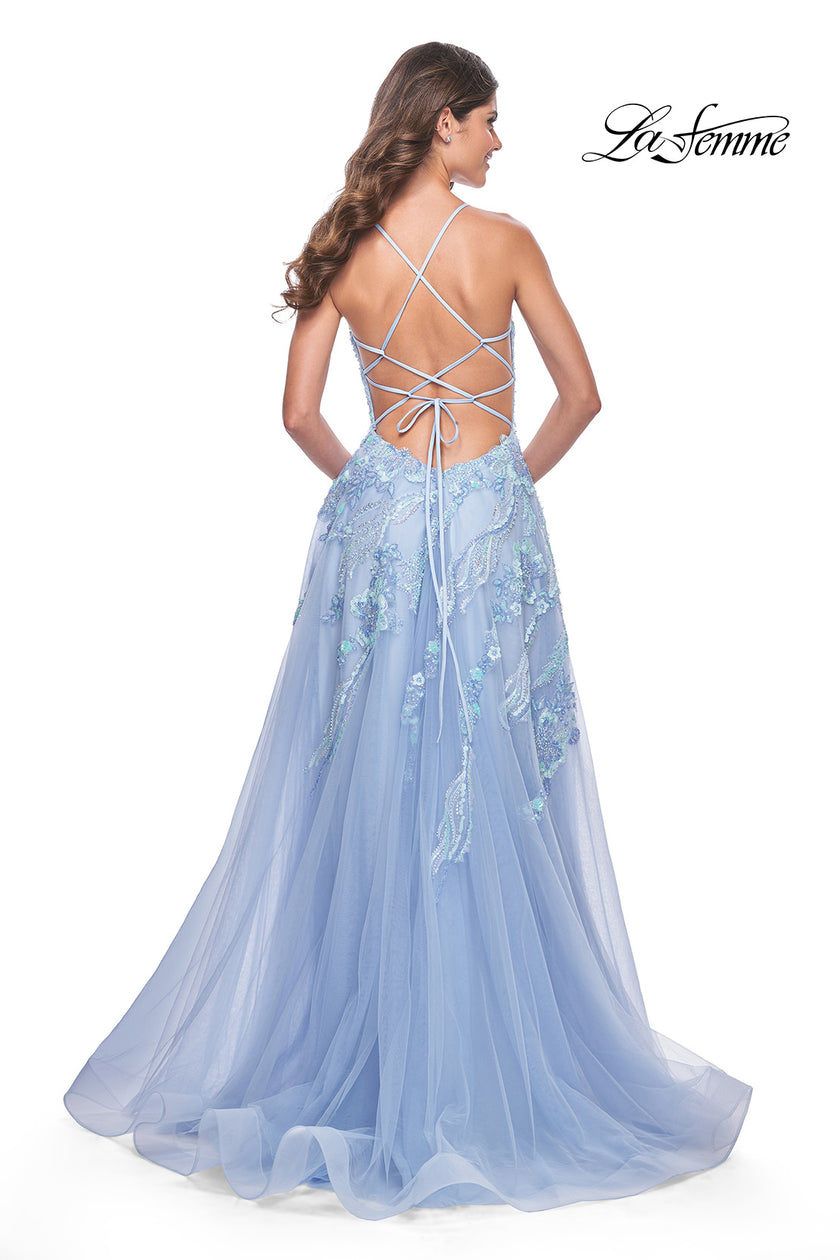 Picture of: Fabulous A-Line Gown Embellished with Sequin Beaded Applique in Cloud Blue, Style: 32032, Back Picture