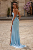 Picture of: Ruched Rhinestone Wrap Gown with Lace-Up Back and High Slit in Cloud Blue, Style: 33340, Back Picture