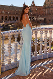Picture of: Rhinestones Lace Fitted Gown with Scoop Neck and Low Back in Cloud Blue, Style: 33721, Back Picture