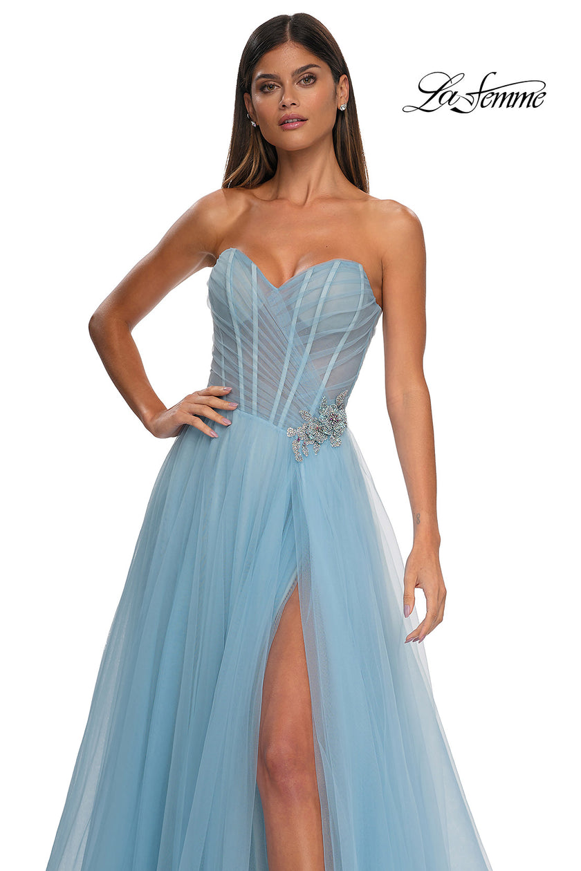 Picture of: Strapless A-line Tulle Dress with Floral Waist Detail in Cloud Blue, Style: 32789, Detail Picture 22