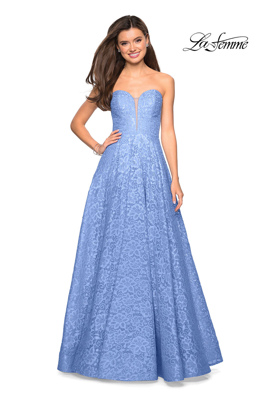 Picture of: A Line Lace Strapless Ball Gown in Cloud Blue, Style: 27284, Detail Picture 1