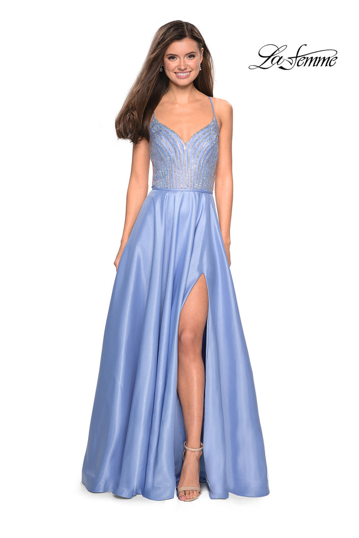 Picture of: Long Mikado Gown with Rhinestone Bodice and Slit in Cloud Blue, Style: 27634, Detail Picture 1
