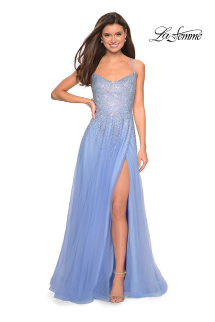 Picture of: Long Tulle Ball Gown with Cascading Rhinestones in Cloud Blue, Style: 27750, Detail Picture 1