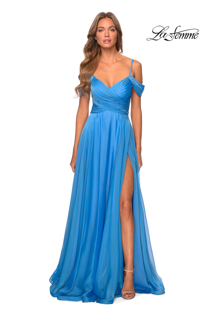 Picture of: Off the Shoulder Chiffon Dress with Scoop Back in Cloud Blue, Style: 28942, Detail Picture 1