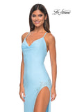 Picture of: Rhinestone Rose Detail Jersey Dress with Draped Neckline in Cloud Blue, Style: 31574, Detail Picture 1