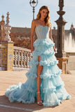 Picture of: Tiered Ruffle Gown with Strapless Corset Bodice and Rhinestones in Cloud Blue, Style: 33812, Detail Picture 1