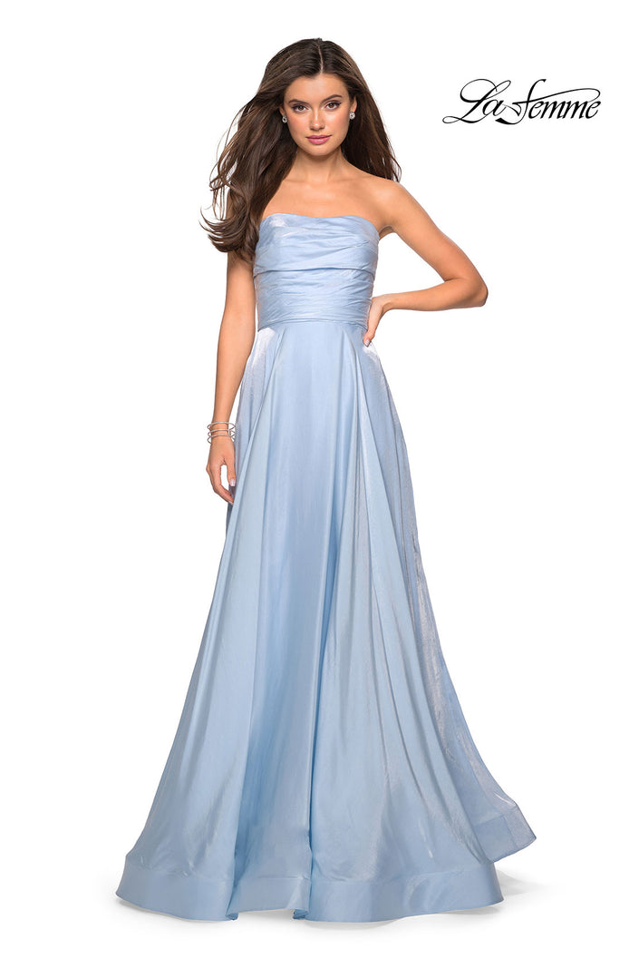 Picture of: Strapless Satin Gown with Ruching and Pockets in Cloud Blue, Style: 27130, Detail Picture 2