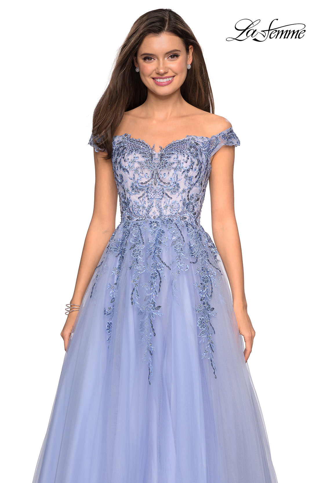 Picture of: Off the Shoulder Tulle Gown with BEaded Embellishments in Cloud Blue, Style: 27595, Detail Picture 2