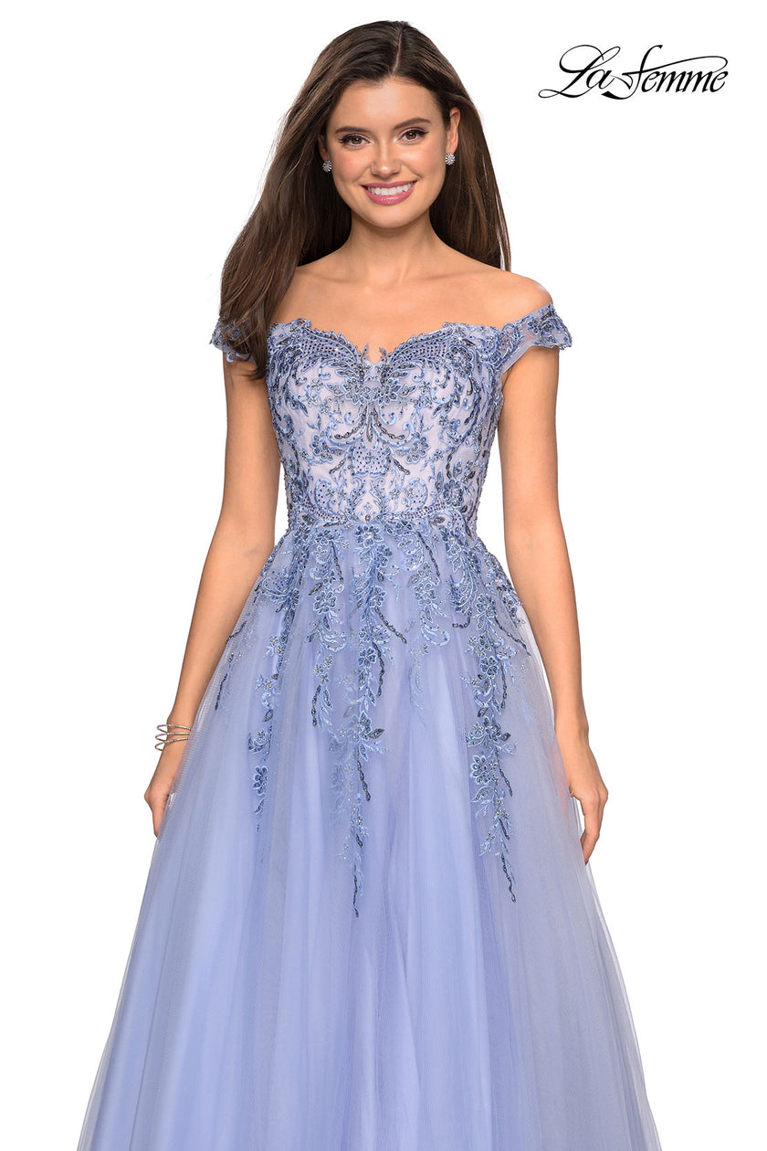 Picture of: Off the Shoulder Tulle Gown with BEaded Embellishments in Cloud Blue, Style: 27595, Detail Picture 2
