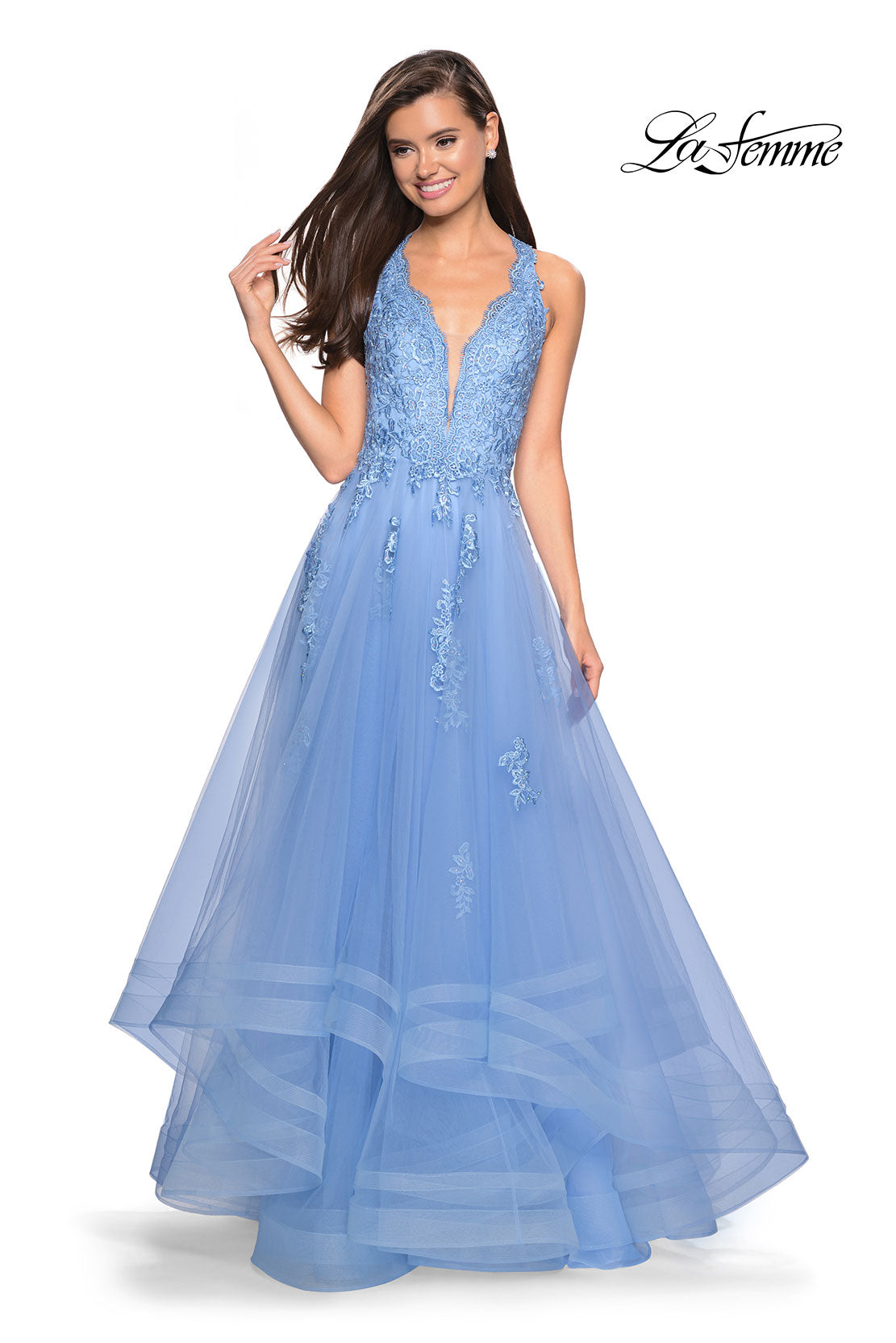 Picture of: Racer Back Lace Embellished Floor Length Ball Gown in Cloud Blue, Style: 27603, Detail Picture 2