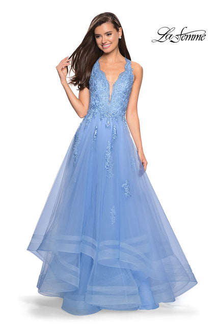Picture of: Racer Back Lace Embellished Floor Length Ball Gown in Cloud Blue, Style: 27603, Detail Picture 2