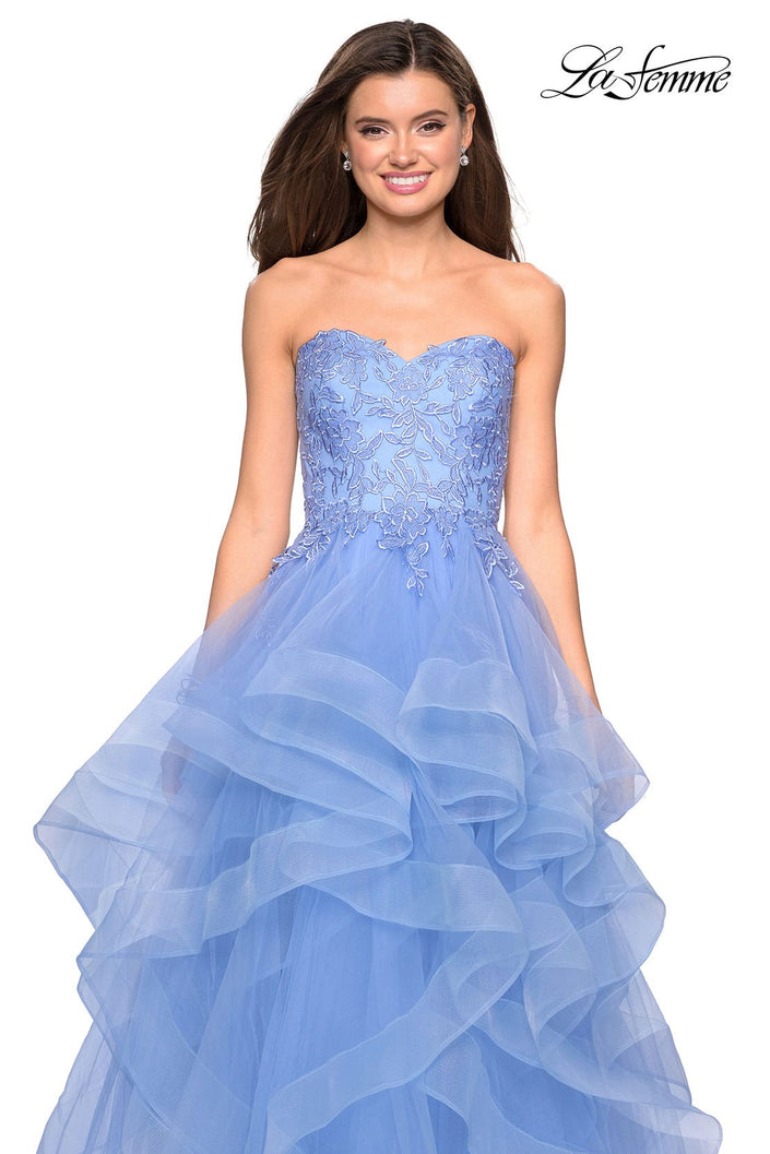 Picture of: Strapless Tulle Prom Gown with Lace Embellishments in Cloud Blue, Style: 27620, Detail Picture 2