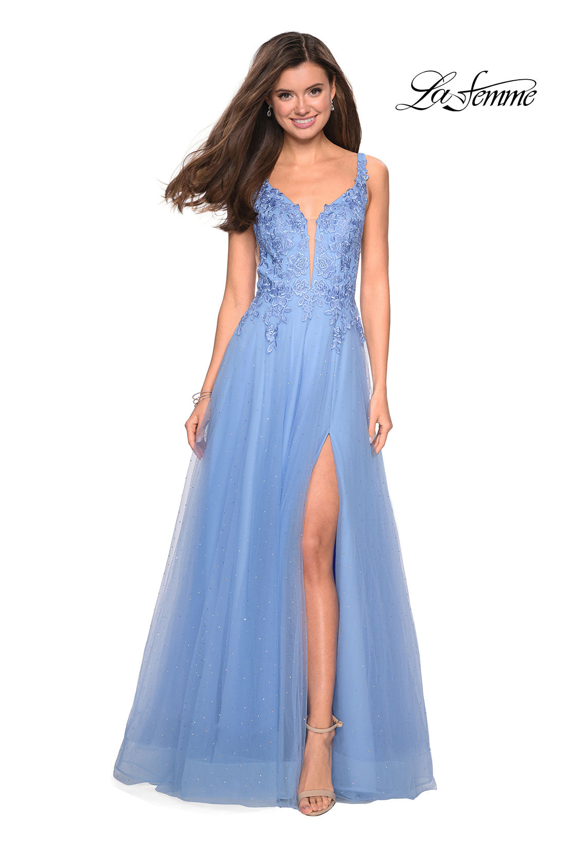 Picture of: Long Tulle Prom Dress with Embellished Bodice and Slit in Cloud Blue, Style: 27646, Detail Picture 2