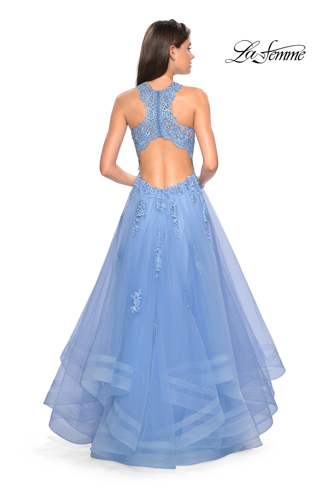 Picture of: Racer Back Lace Embellished Floor Length Ball Gown in Cloud Blue, Style: 27603, Detail Picture 3