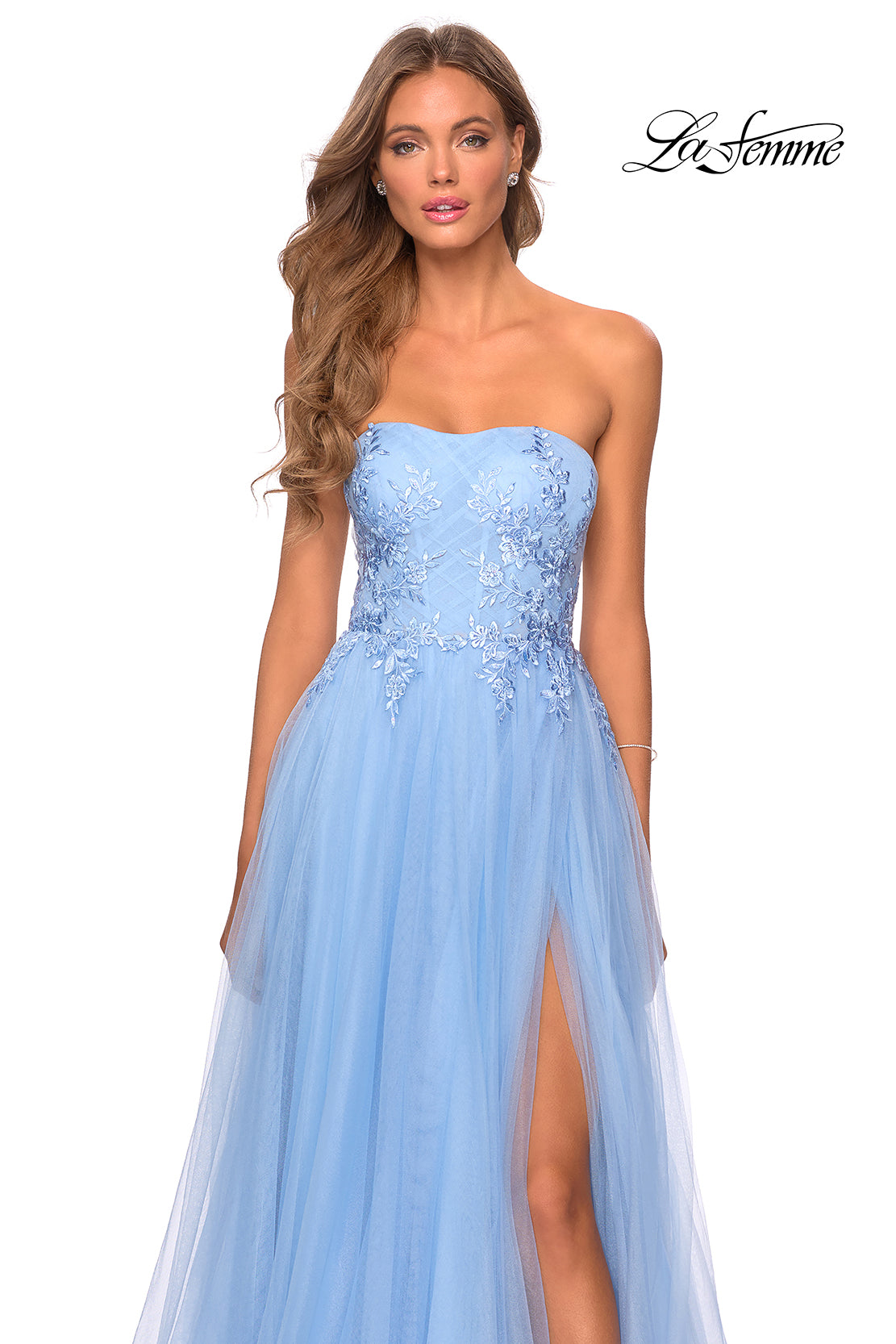Picture of: Strapless Tulle Gown with Floral Embellishments in Cloud Blue, Style: 28586, Detail Picture 3