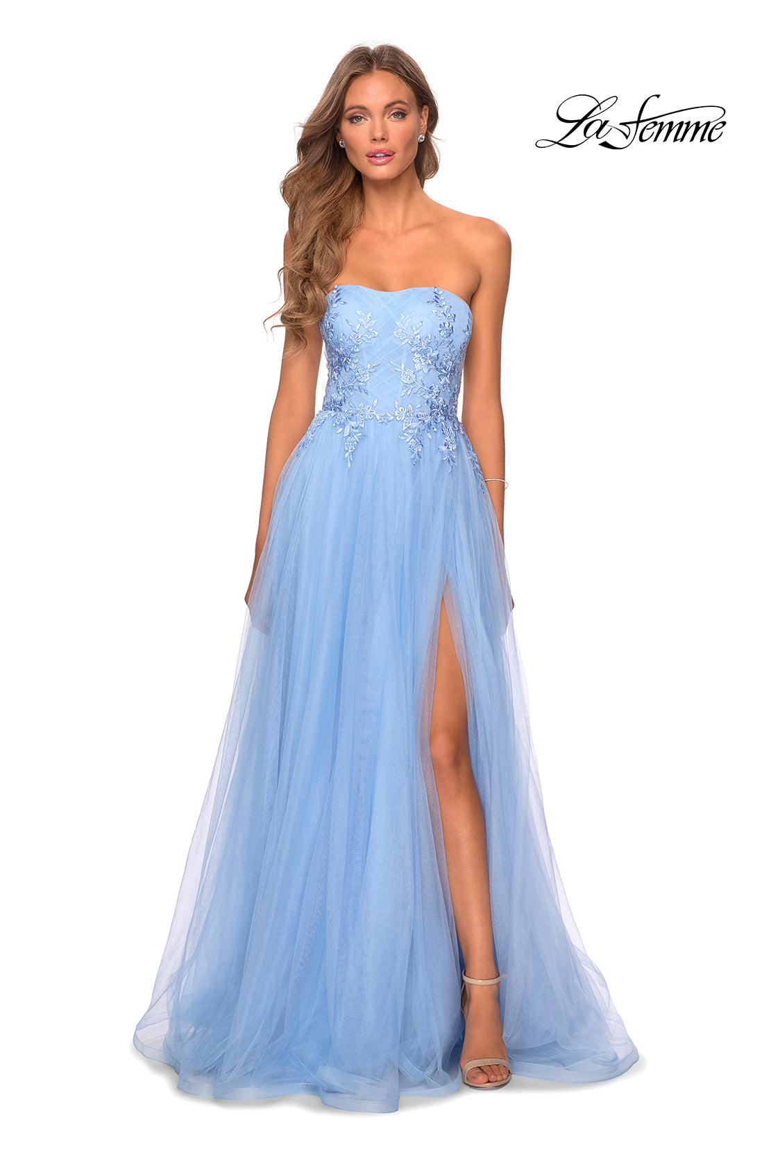 Picture of: Strapless Tulle Gown with Floral Embellishments in Cloud Blue, Style: 28586, Detail Picture 4