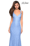 Picture of: Stretch Lace Long Dress with Open Strappy Back in Cloud Blue, Style: 27623, Detail Picture 5