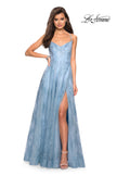 Picture of: Lace Prom Dress with Floral Detail and Side Leg Slit in Cloud Blue, Style: 27704, Detail Picture 6