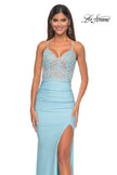 Picture of: Fitted Jersey Prom Dress with Rhinestone Beaded Illusion Bodice in Cloud Blue, Style: 32054, Detail Picture 6
