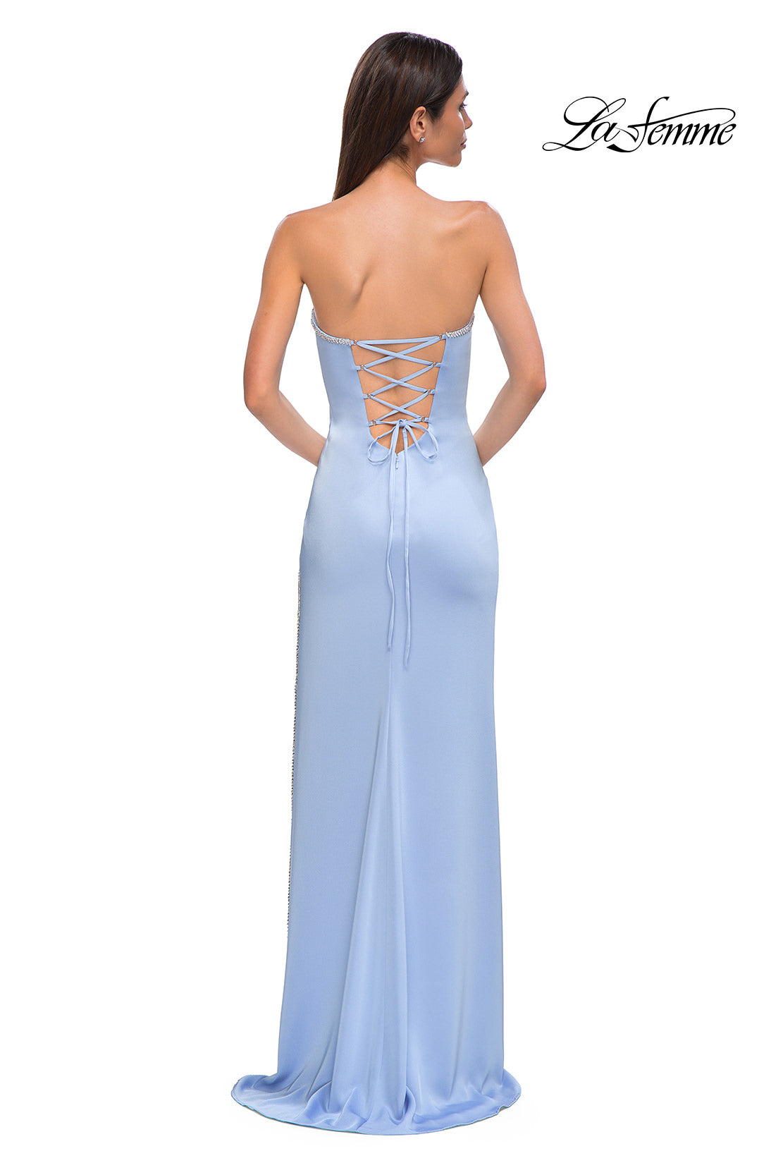 Picture of: Fitted Strapless Dress with Rhinestone Embellished Neckline and Slit in Cloud Blue, Style 32799, Detail Picture 6