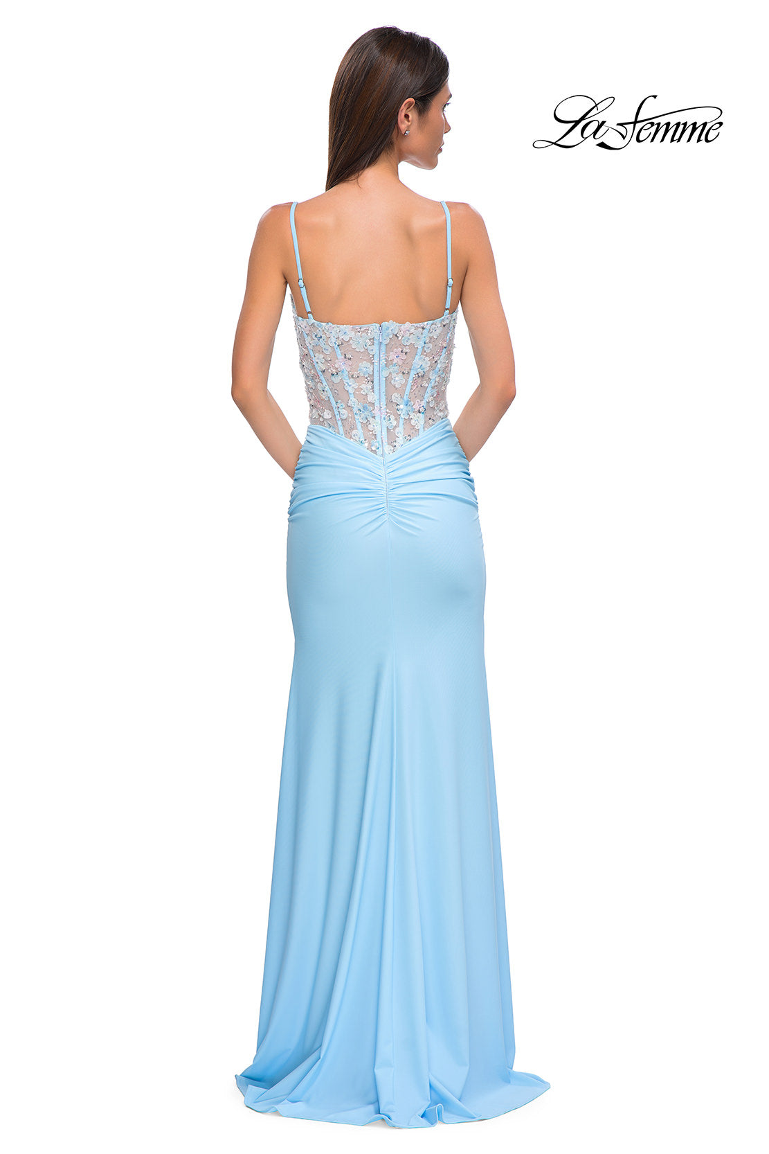 Picture of: Unique Floral Lace Top with Jersey Skirt Prom Dress in Cloud Blue, Style 32957, Detail Picture 6