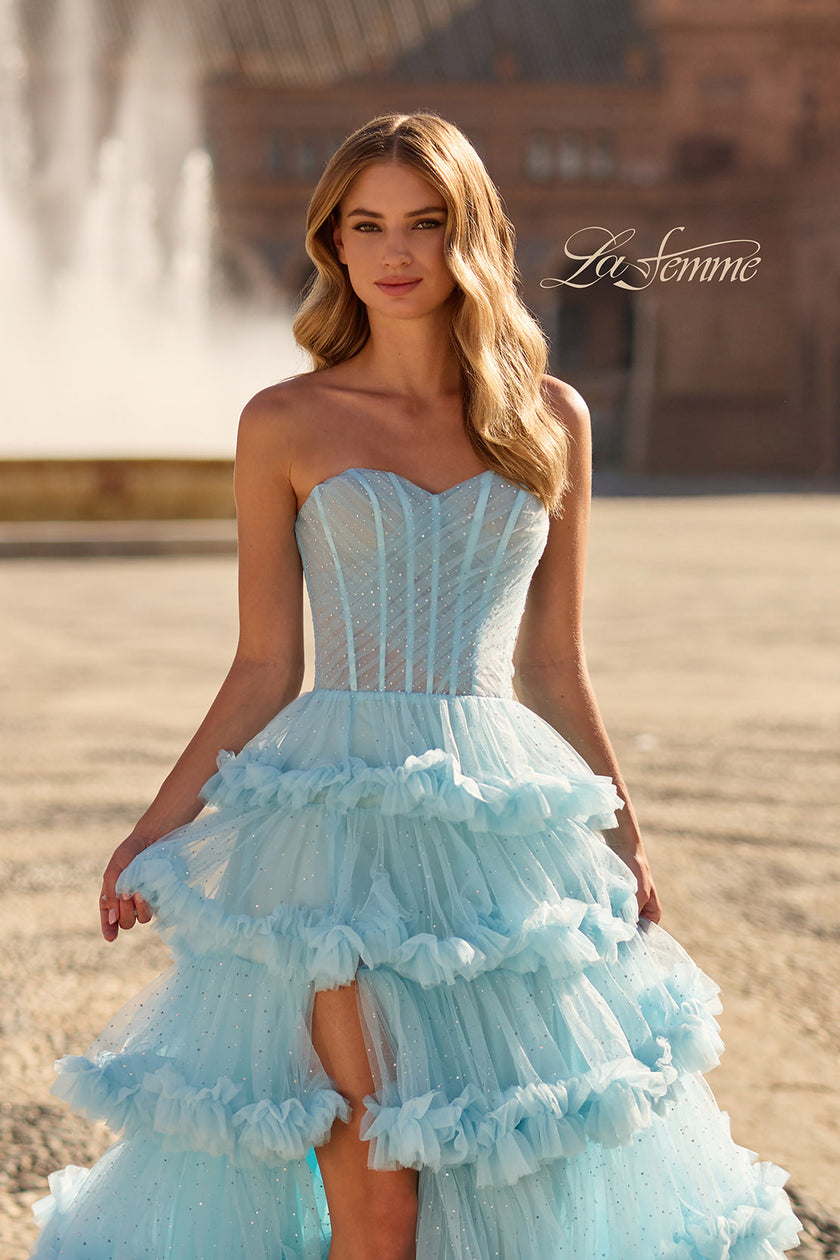 Picture of: Tiered Ruffle Gown with Strapless Corset Bodice and Rhinestones in Cloud Blue, Style: 33812, Detail Picture 7