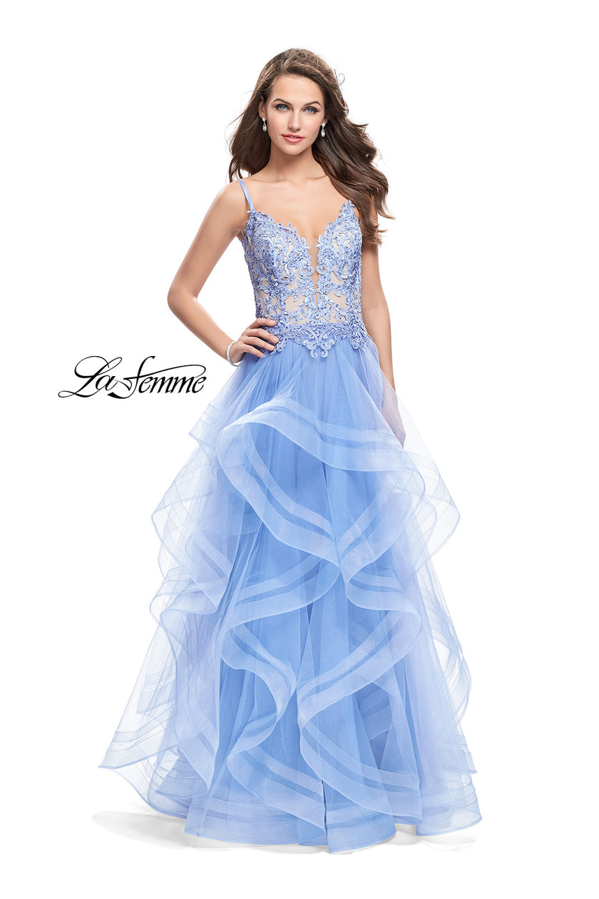 Picture of: Ball Gown with Tulle Skirt and Beaded Lace Bodice in Cloud Blue, Style: 26148, Main Picture