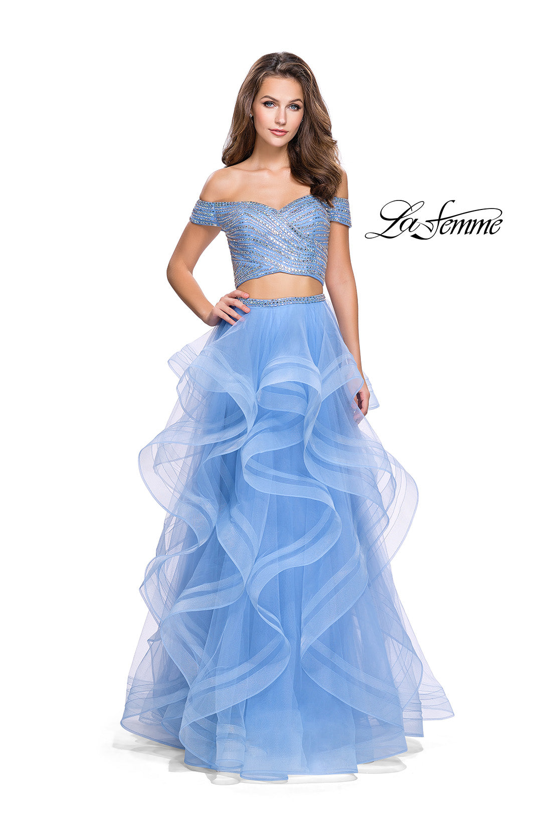 Picture of: Off the Shoulder A-line Gown with Ruffle Tulle Skirt in Cloud Blue, Style: 26169, Main Picture