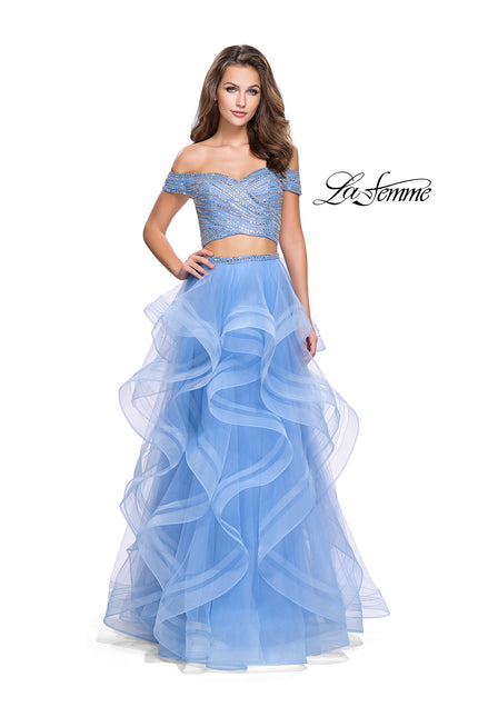 Picture of: Off the Shoulder A-line Gown with Ruffle Tulle Skirt in Cloud Blue, Style: 26169, Main Picture