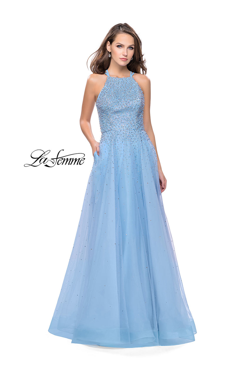 Picture of: High Neck Tulle A-line Prom Dress with Pockets in Cloud Blue, Style: 26250, Main Picture