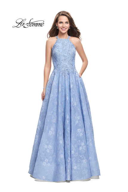 Picture of: High Neck A-line Gown with Beaded Bodice and Pockets in Cloud Blue, Style: 26337, Main Picture