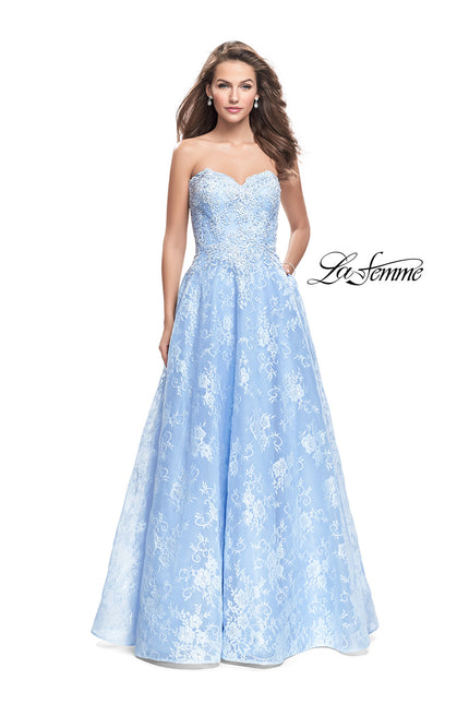 Picture of: Long Strapless Lace Ball Gown with Beading and Pockets in Cloud Blue, Style: 26338, Main Picture