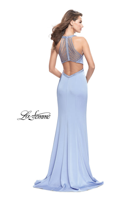 Picture of: Long Jersey Prom Dress with High Neck and Cut Outs in Cloud Blue, Style: 26069, Back Picture